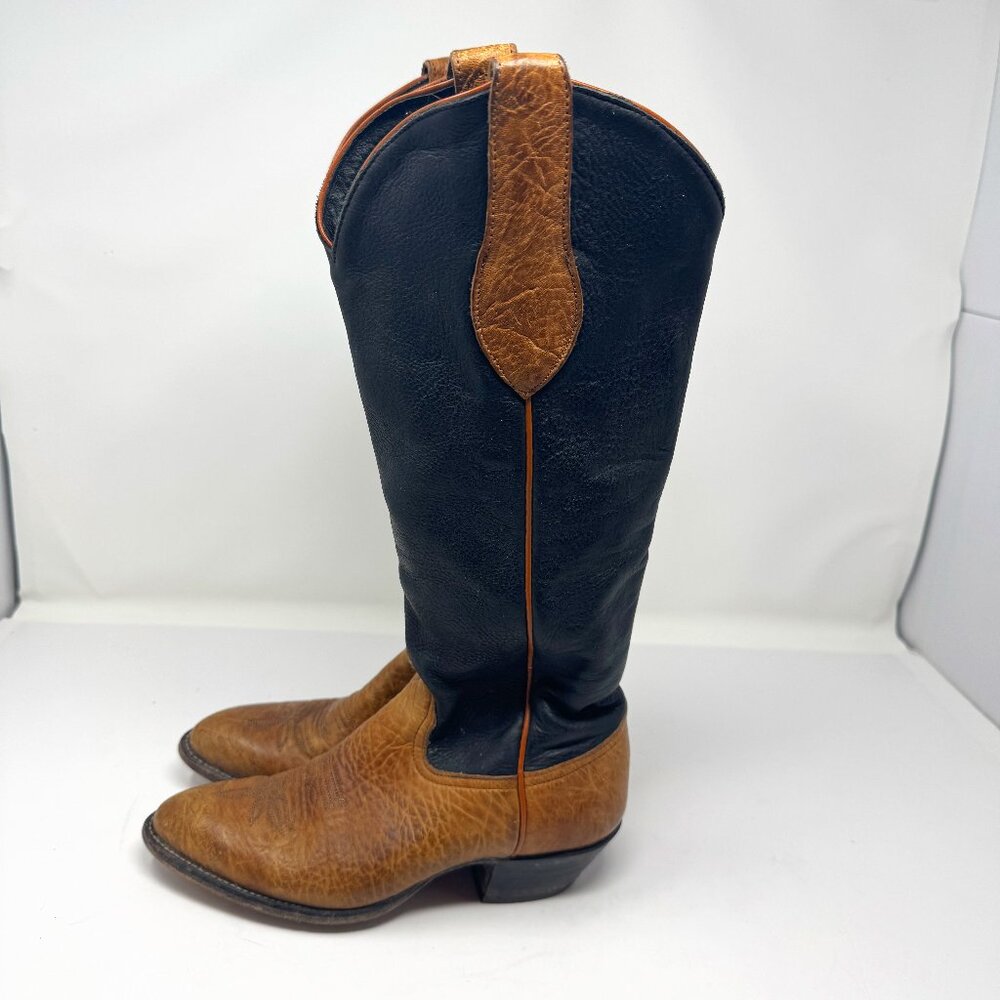 Tony Lama Brown Tan Black Leather Two Tone Tall Cowboy Boots US Size 5.5